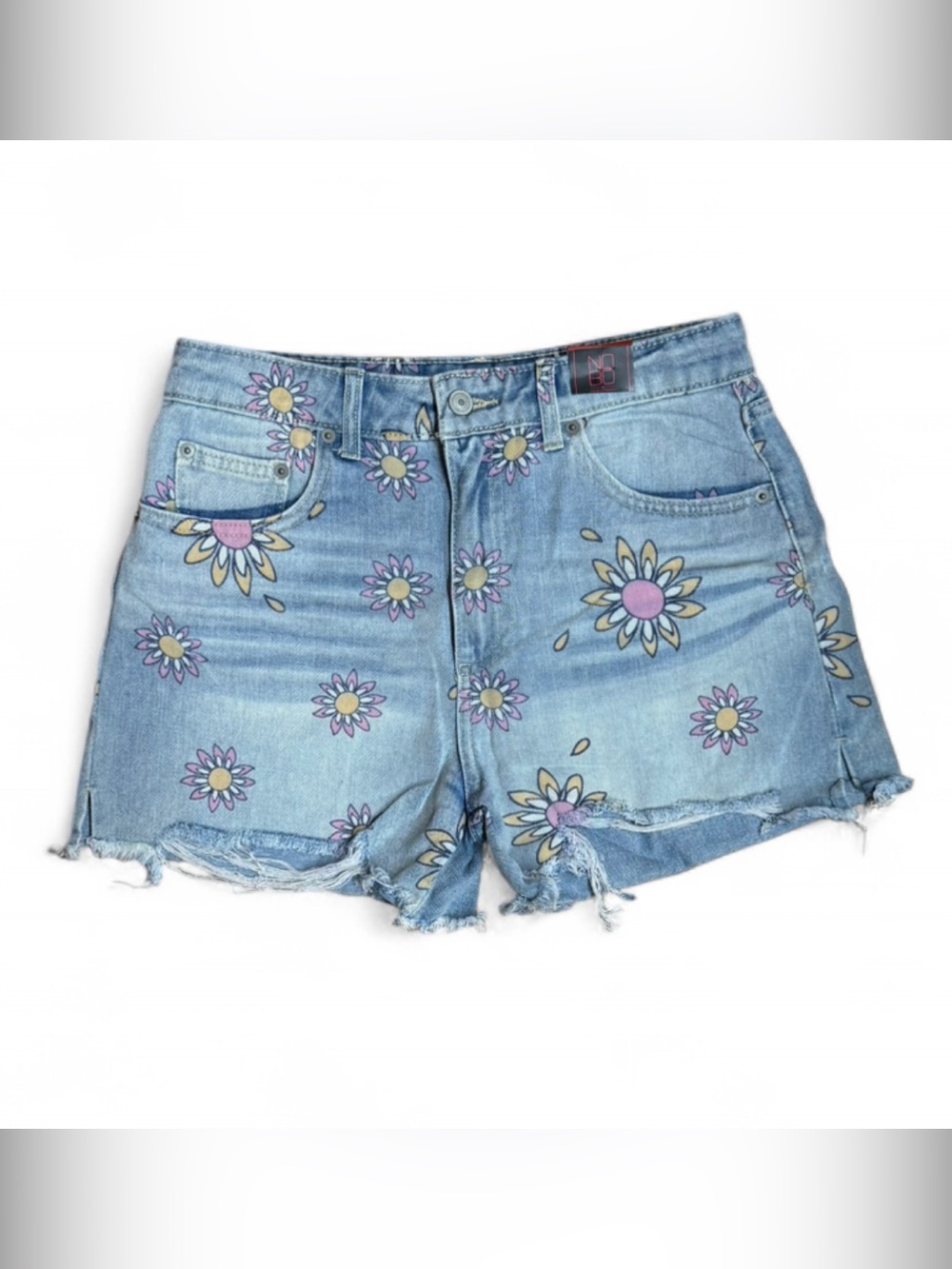 No Boundaries Light Blue Denim Shorts with Pink & Yellow Daisy Print